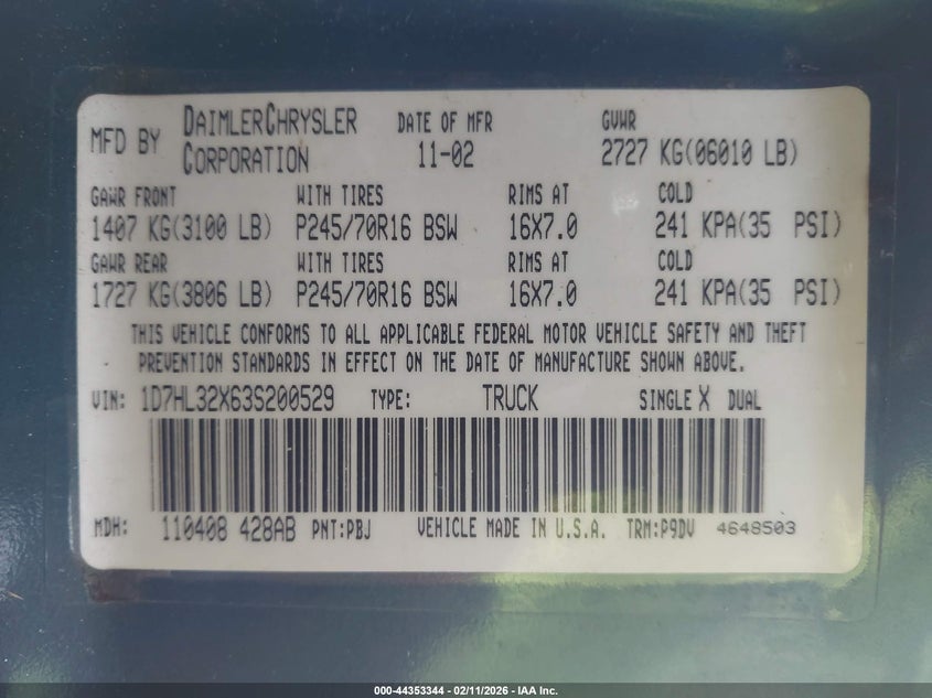 2003 Dodge Dakota Sport VIN: 1D7HL32X63S200529 Lot: 44353344