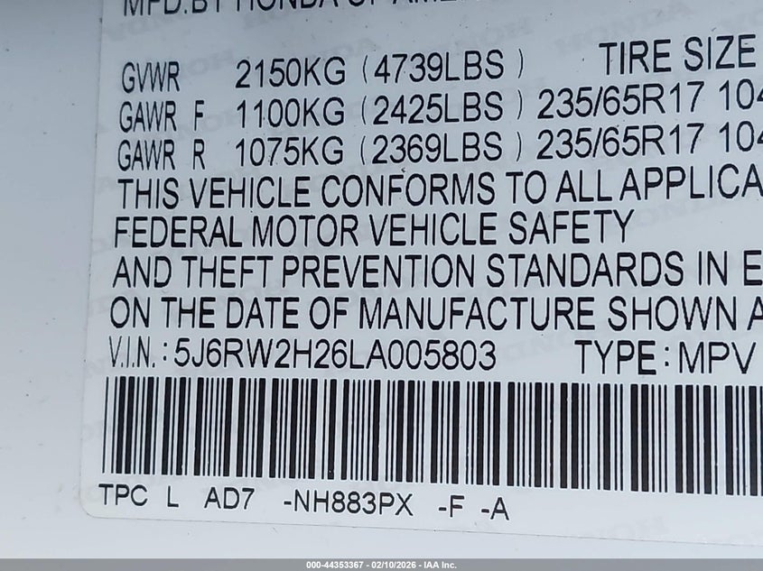 VIN 5J6RW2H26LA005803 2020 HONDA CR-V AWD LX