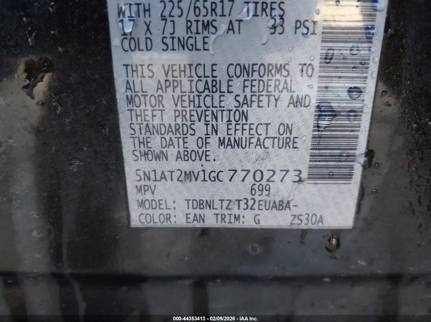 2016 Nissan Rogue Sv VIN: 5N1AT2MV1GC770273 Lot: 44353413