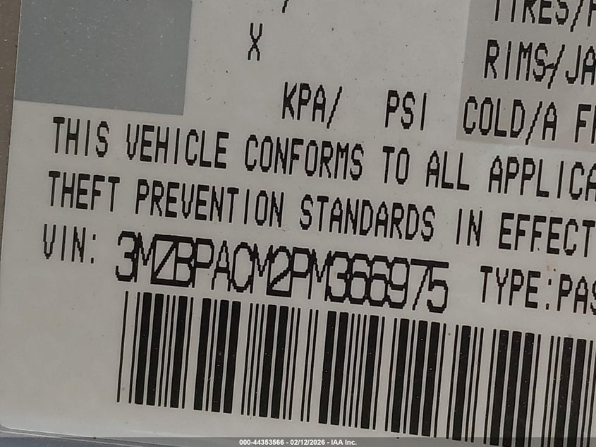 2023 MAZDA MAZDA3 2.5L I-4 DI, DOHC, V(VIN: 3MZBPACM2PM366975