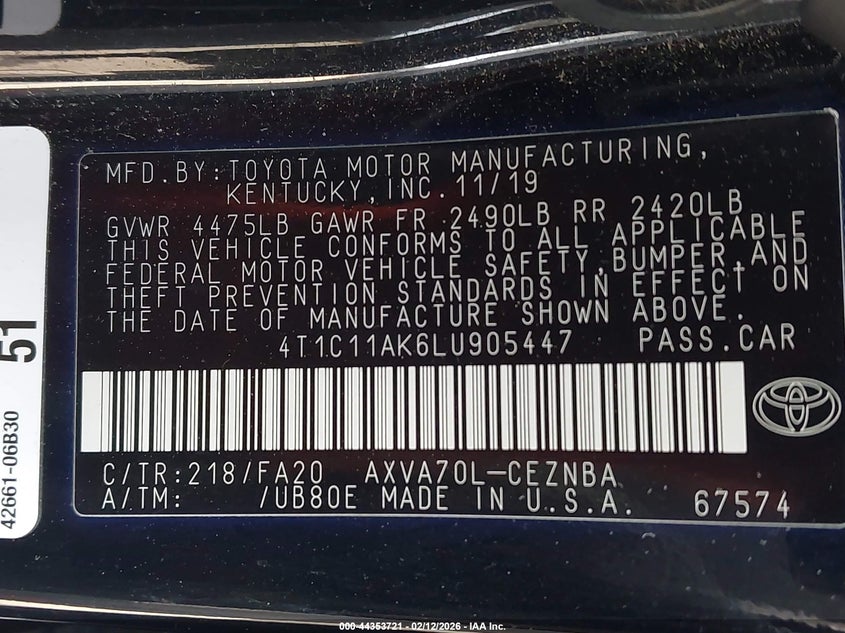VIN 4T1C11AK6LU905447 2020 TOYOTA CAMRY LE