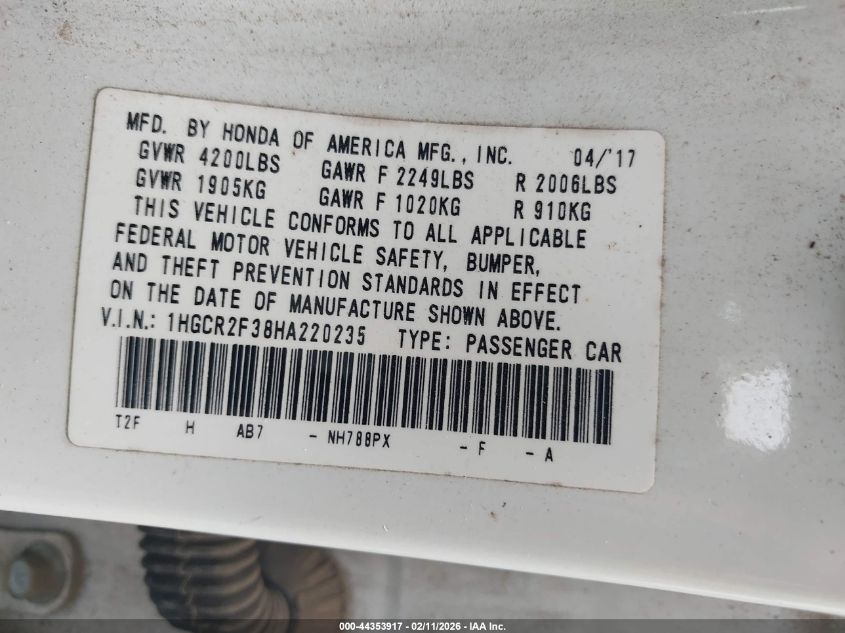 2017 Honda Accord Lx VIN: 1HGCR2F38HA220235 Lot: 44353917