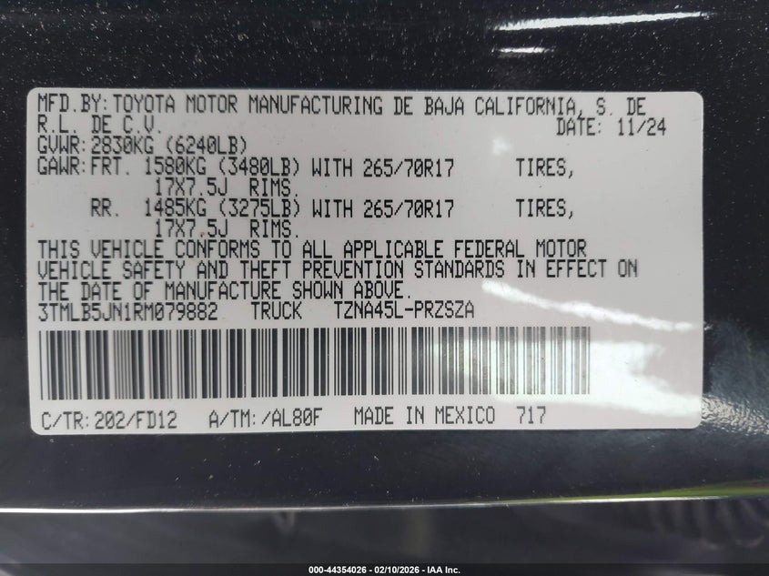 2024 TOYOTA TACOMA 2.4L I-4 DI, DOHC, V(VIN: 3TMLB5JN1RM079882