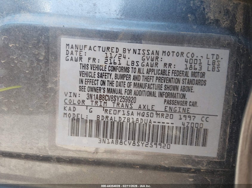2025 NISSAN SENTRA 2.0L I-4 DI, DOHC, V(VIN: 3N1AB8CV8SY259920