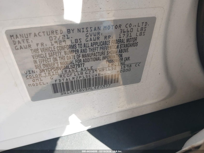 2021 NISSAN KICKS 1.6L I-4 DOHC, VVT, (VIN: 3N1CP5BV5ML527977