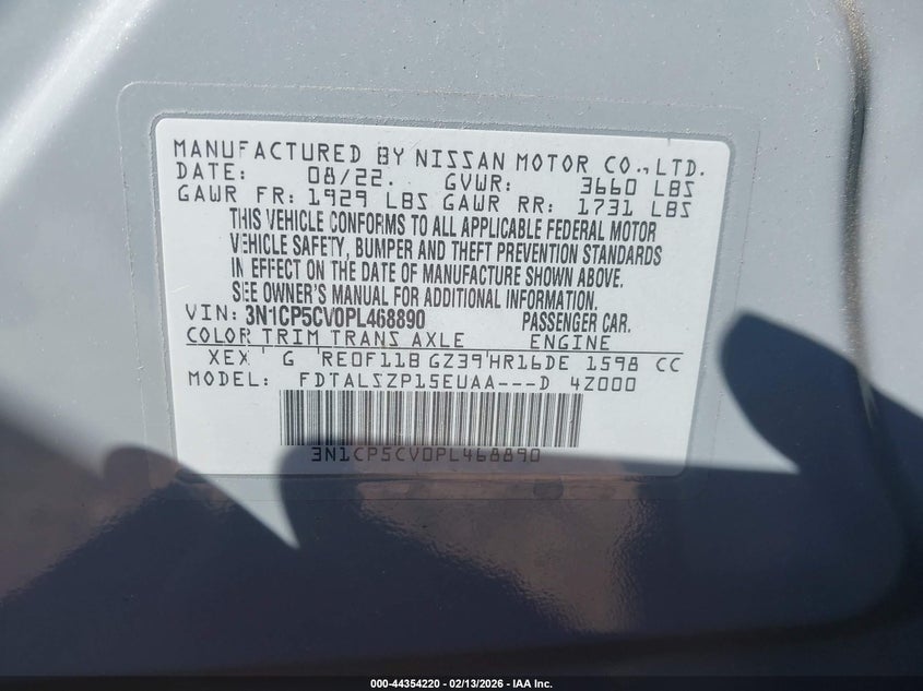 2023 NISSAN KICKS 1.6L I-4 DOHC, VVT, (VIN: 3N1CP5CV0PL468890