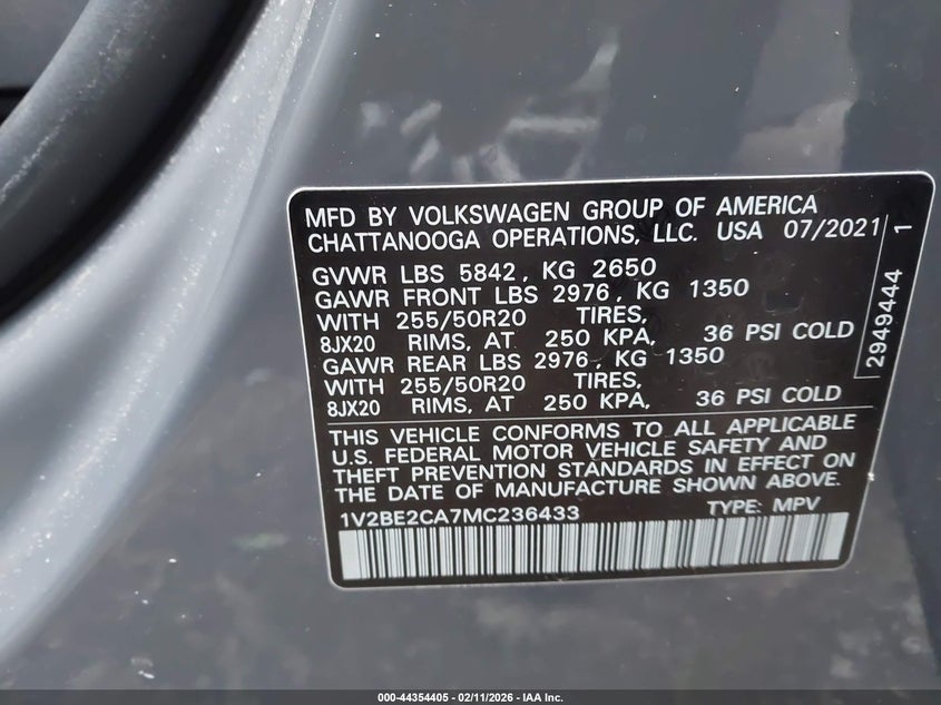 2021 Volkswagen Atlas Cross Sport 3.6L V6 Sel VIN: 1V2BE2CA7MC236433 Lot: 44354405