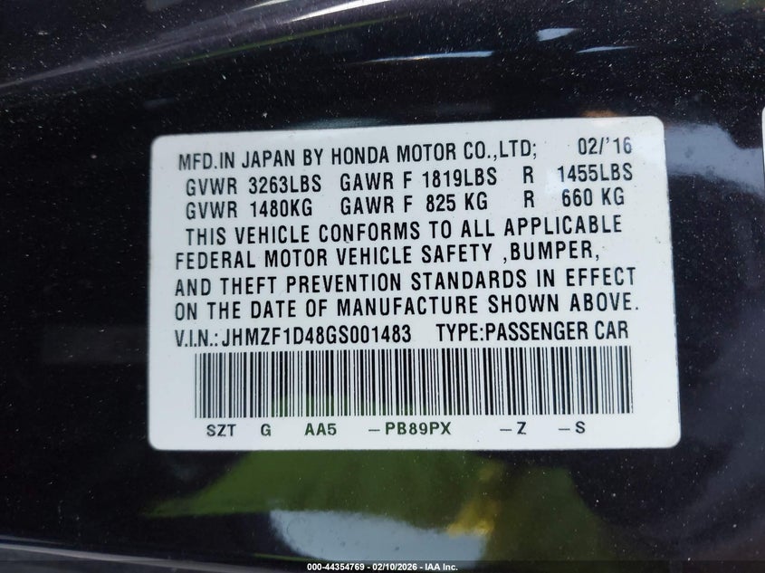 2016 Honda Cr-Z Lx VIN: JHMZF1D48GS001483 Lot: 44354769