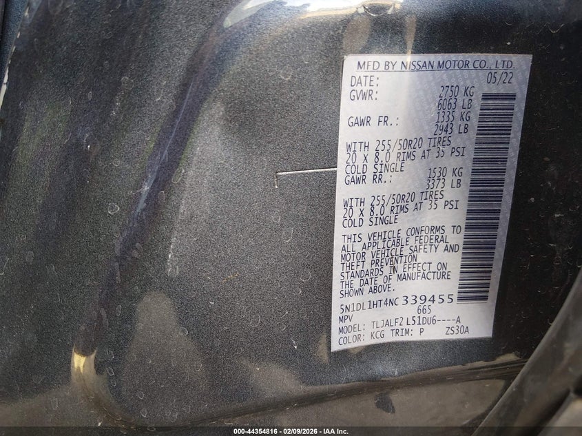 2022 Infiniti Qx60 Autograph VIN: 5N1DL1HT4NC339455 Lot: 44354816