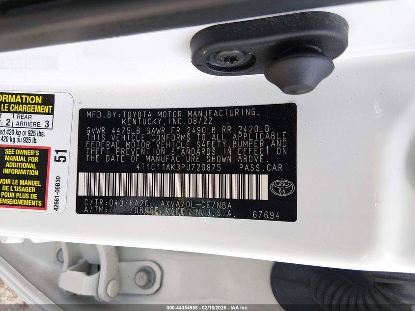 TOYOTA CAMRY 2023 VIN 4T1C11AK3PU720875