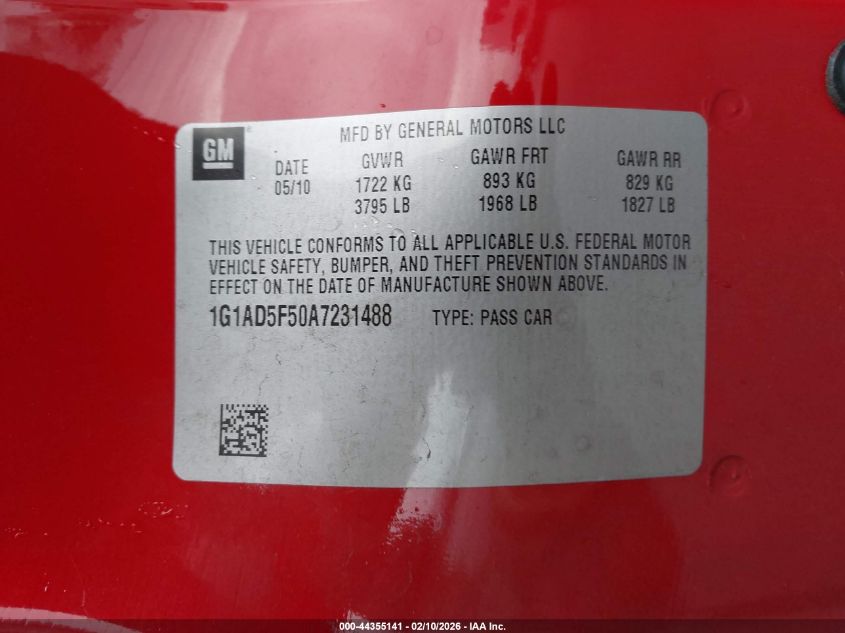 2010 Chevrolet Cobalt Lt VIN: 1G1AD5F50A7231488 Lot: 44355141