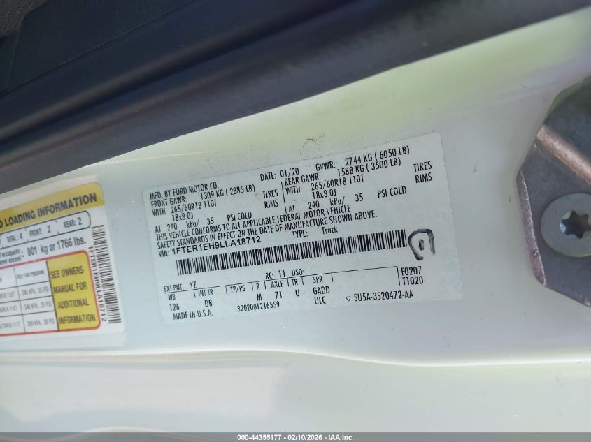 2020 Ford Ranger Lariat VIN: 1FTER1EH9LLA18712 Lot: 44355177