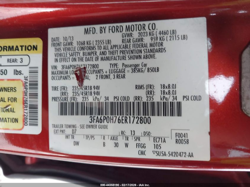 2014 Ford Fusion Se VIN: 3FA6P0H76ER172800 Lot: 44355190