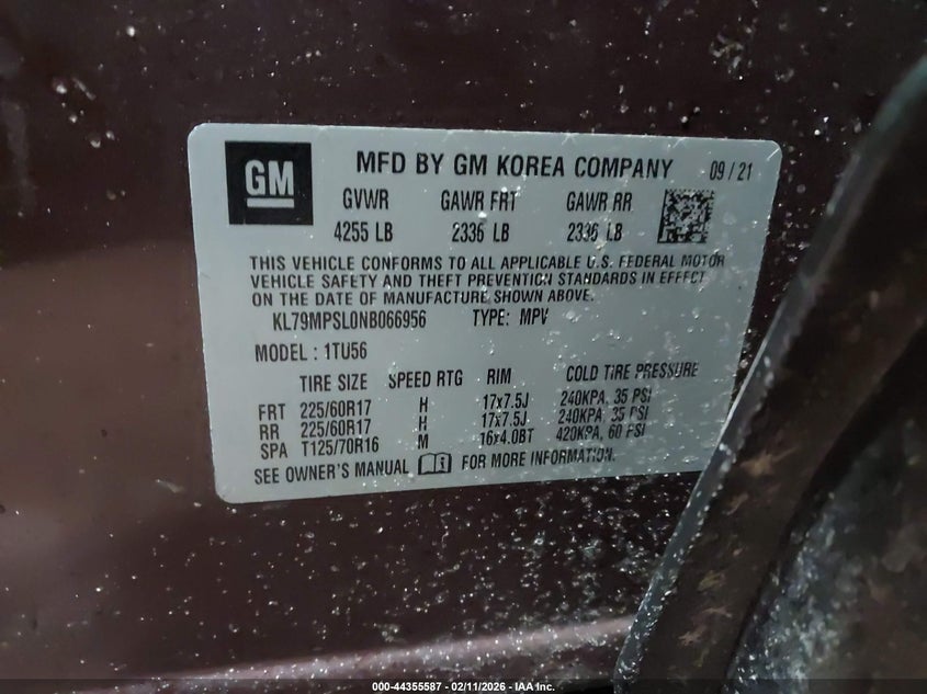 VIN KL79MPSL0NB066956 2022 CHEVROLET TRAILBLAZER FWD LT