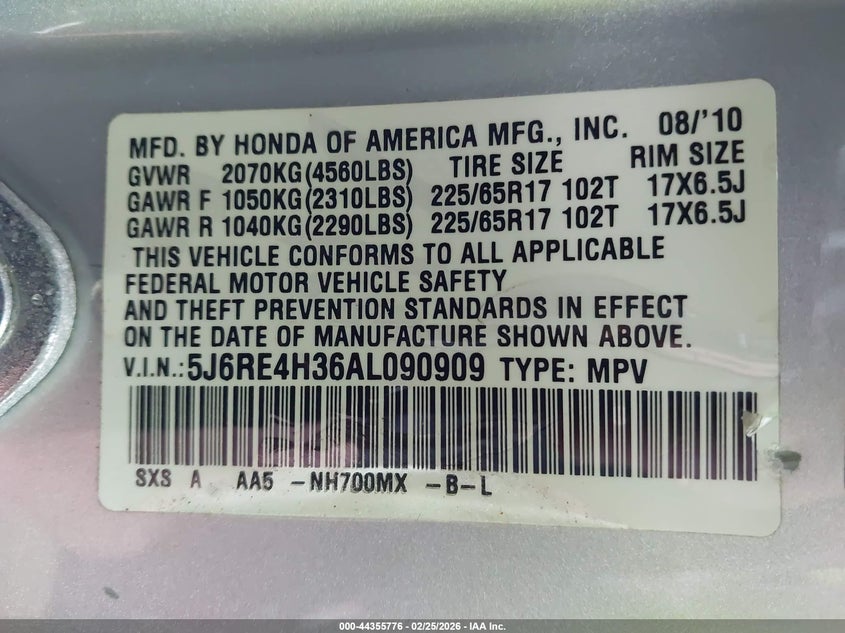 2010 Honda Cr-V Lx VIN: 5J6RE4H36AL090909 Lot: 44355776