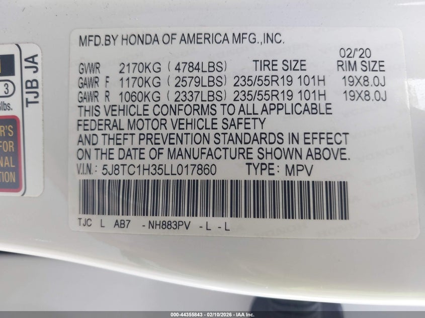 2020 Acura Rdx Standard VIN: 5J8TC1H35LL017860 Lot: 44355843