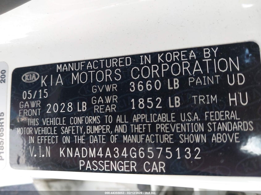 2016 Kia Rio Lx VIN: KNADM4A34G6575132 Lot: 44355853