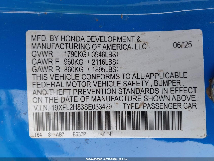 VIN 19XFL2H83SE033429 2025 HONDA CIVIC SEDAN SPORT