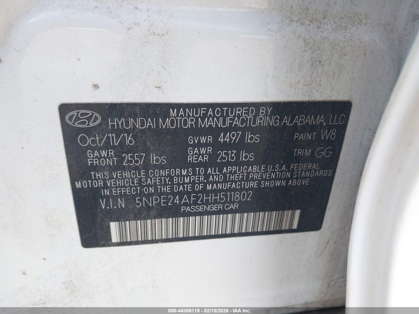 VIN 5NPE24AF2HH511802 2017 HYUNDAI SONATA