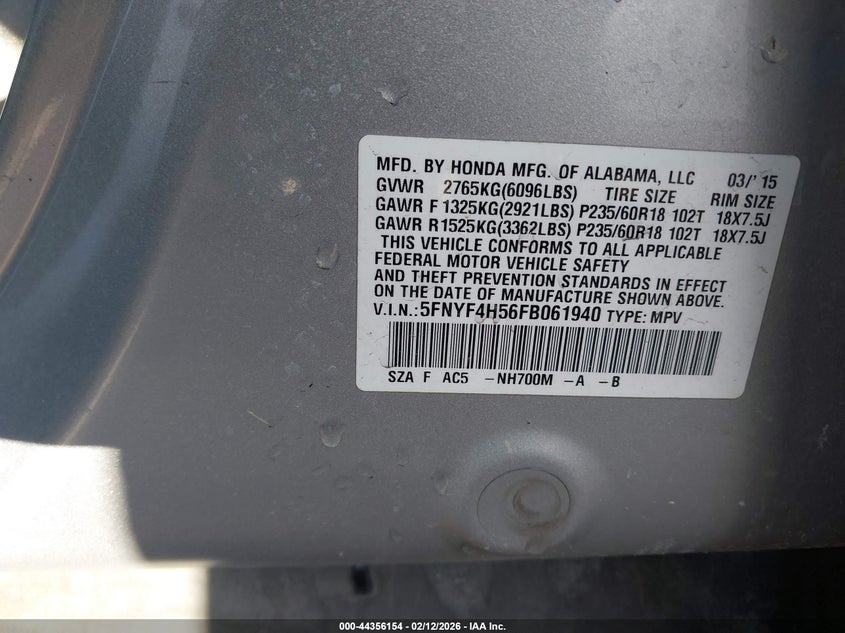 2015 Honda Pilot Ex-L VIN: 5FNYF4H56FB061940 Lot: 44356154