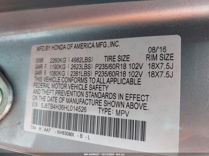 2017 Acura Rdx Acurawatch Plus Package VIN: 5J8TB4H36HL014526 Lot: 44356227