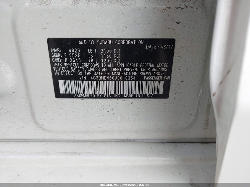 VIN 4S3BNEN60J3010354 2018 SUBARU LEGACY 3.6R LIMITED