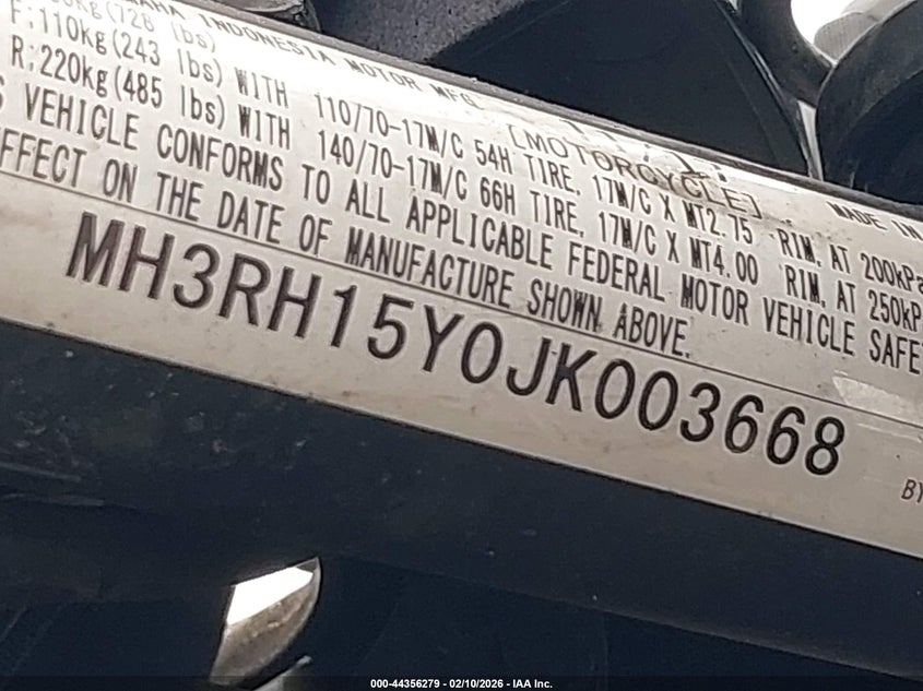 2018 Yamaha Yzfr3 A VIN: MH3RH15Y0JK003668 Lot: 44356279