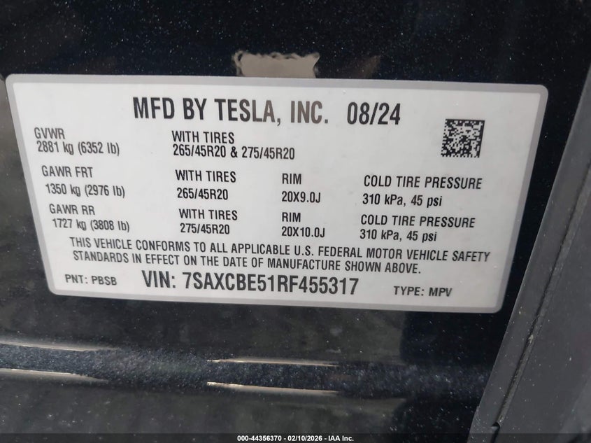 2024 Tesla Model X Long Range VIN: 7SAXCBE51RF455317 Lot: 44356370