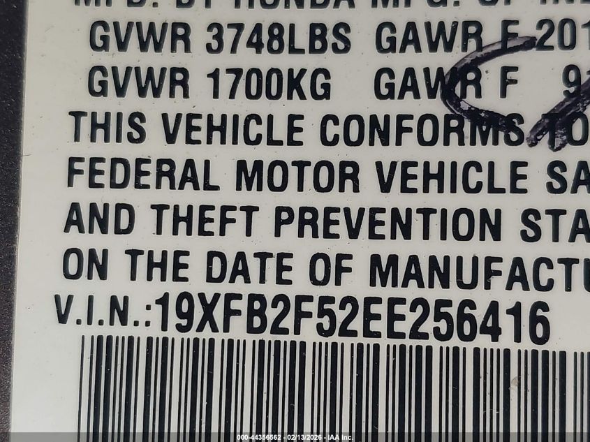 2014 Honda Civic Lx VIN: 19XFB2F52EE256416 Lot: 44356562