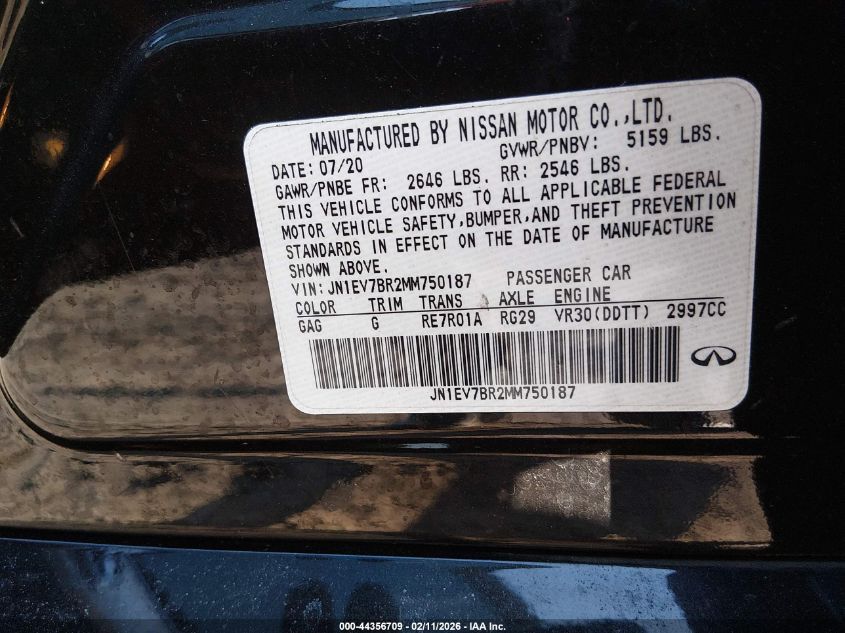 2021 Infiniti Q50 Luxe Awd VIN: JN1EV7BR2MM750187 Lot: 44356709