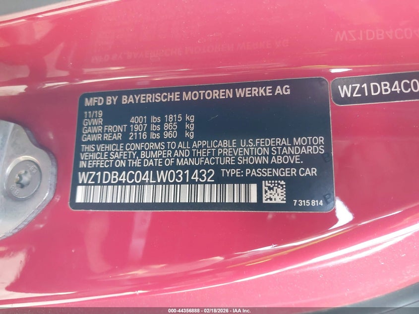 VIN WZ1DB4C04LW031432 2020 TOYOTA GR SUPRA 3.0 PREMIUM