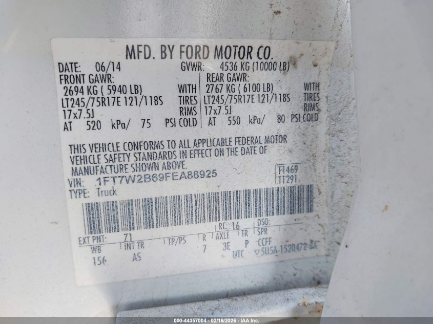 2015 Ford F-250 Xl VIN: 1FT7W2B69FEA88925 Lot: 44357004