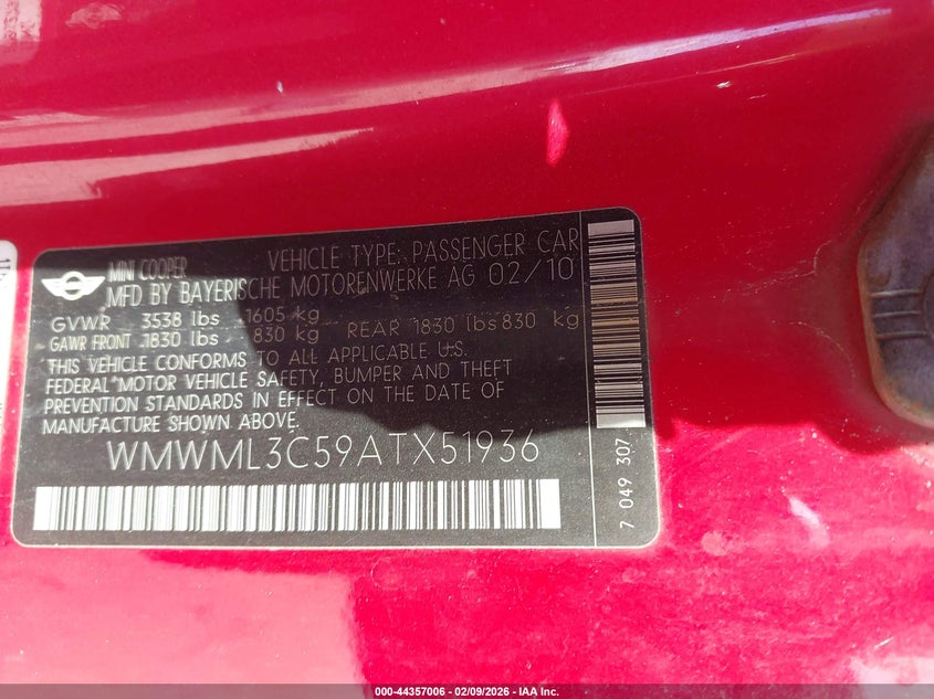 2010 Mini Cooper Clubman VIN: WMWML3C59ATX51936 Lot: 44357006