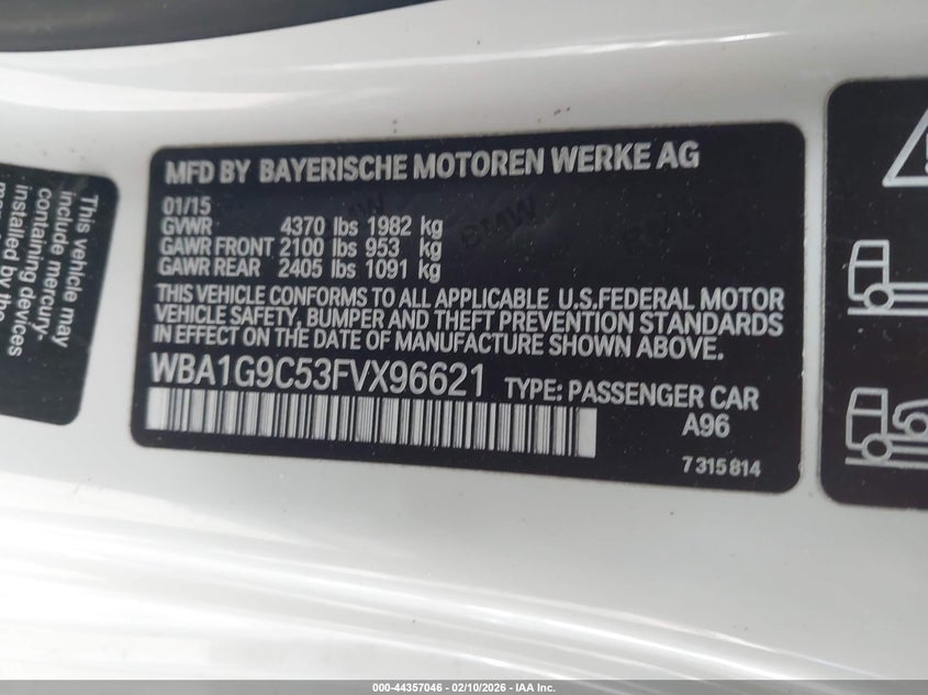 2015 BMW 228I VIN: WBA1G9C53FVX96621 Lot: 44357046
