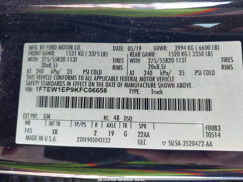 VIN 1FTEW1EP9KFC06658 2019 FORD F-150 XLT