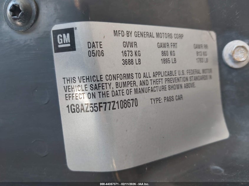 2007 Saturn Ion Level 2 VIN: 1G8AZ55F77Z108670 Lot: 44357371
