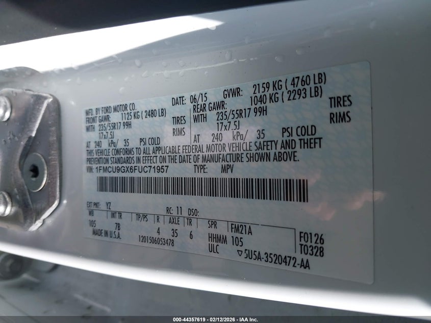 2015 Ford Escape Se VIN: 1FMCU9GX6FUC71957 Lot: 44357619