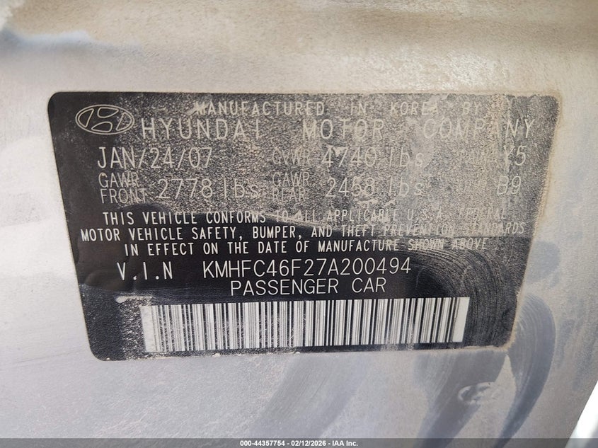 2007 Hyundai Azera Limited/Se VIN: KMHFC46F27A200494 Lot: 44357754