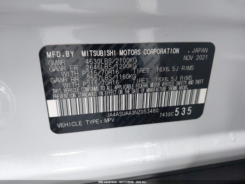 2022 Mitsubishi Eclipse Cross Es VIN: JA4ASUAA3NZ053480 Lot: 44357832