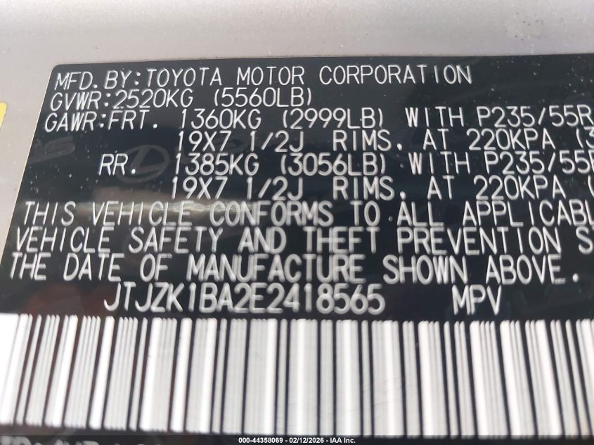 2014 Lexus Rx 350 VIN: JTJZK1BA2E2418565 Lot: 44358069