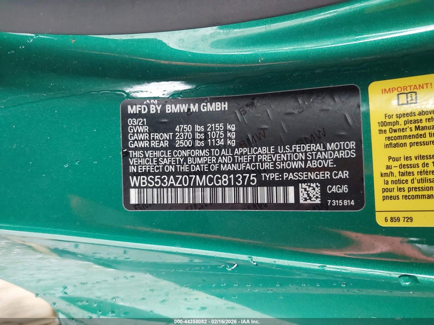 2021 BMW M4 VIN: WBS53AZ07MCG81375 Lot: 44358082