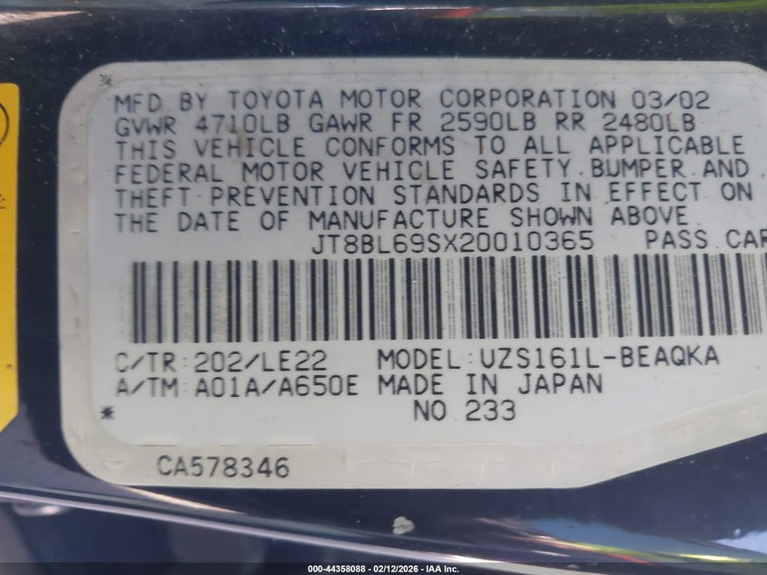 2002 Lexus Gs 430 VIN: JT8BL69SX20010365 Lot: 44358088