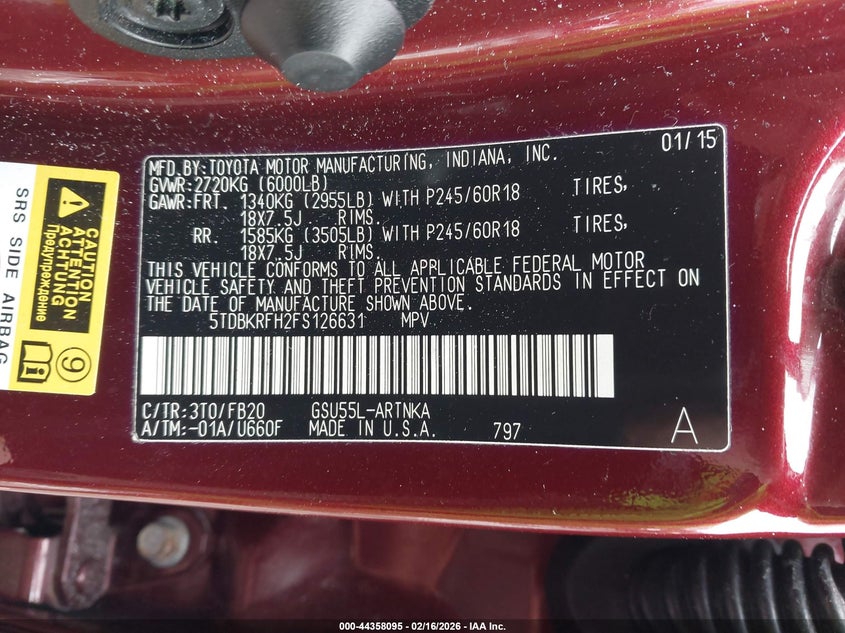 2015 Toyota Highlander 3.5 Le V6 red Lot 111044358095 Vin 5TDBKRFH2FS126631