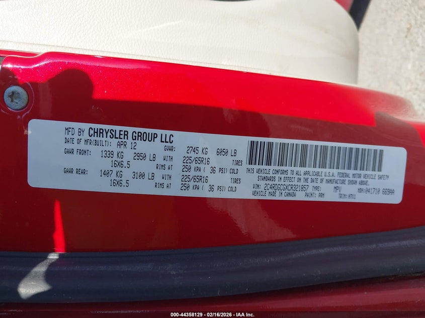 2012 Dodge Caravan Grand Sxt red Lot 111044358129 Vin 2C4RDGCGXCR321857