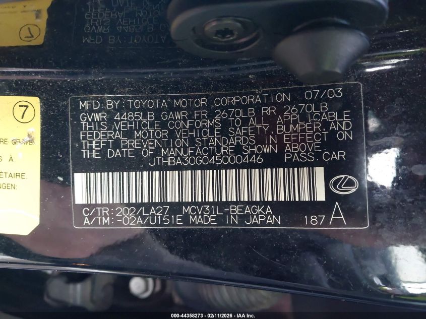 2004 Lexus Es 330 VIN: JTHBA30G045000446 Lot: 44358273