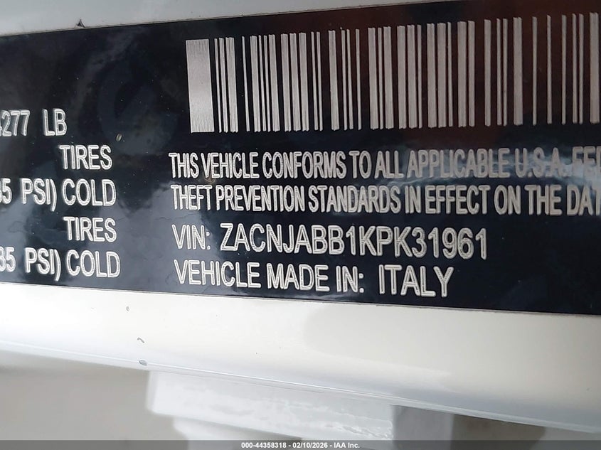 2019 Jeep Renegade Latitude Fwd VIN: ZACNJABB1KPK31961 Lot: 44358318