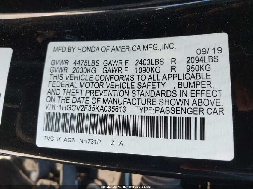 2019 Honda Accord Sport 2.0T VIN: 1HGCV2F35KA035613 Lot: 44358376