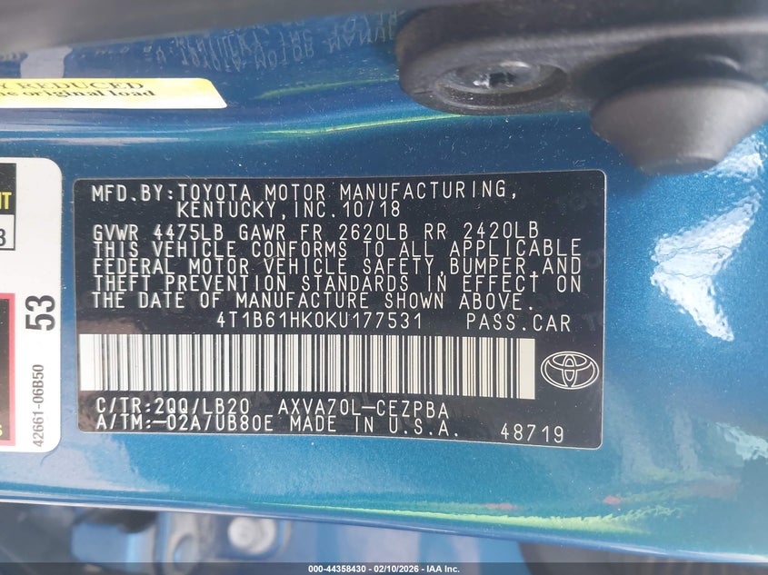 2019 Toyota Camry Xse VIN: 4T1B61HK0KU177531 Lot: 44358430