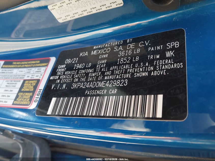 2021 Kia Rio S VIN: 3KPA24AD0ME429823 Lot: 44358592