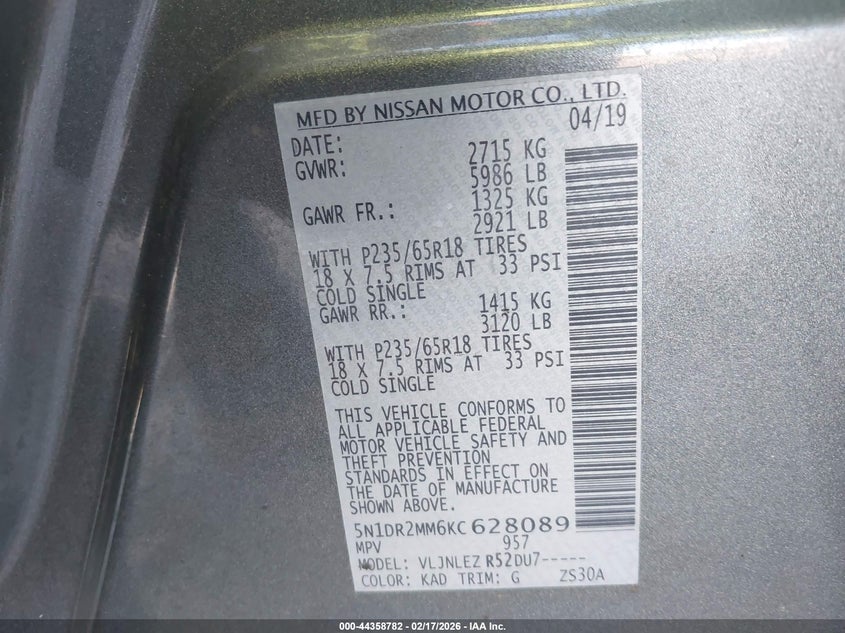 2019 Nissan Pathfinder Sv VIN: 5N1DR2MM6KC628089 Lot: 44358782